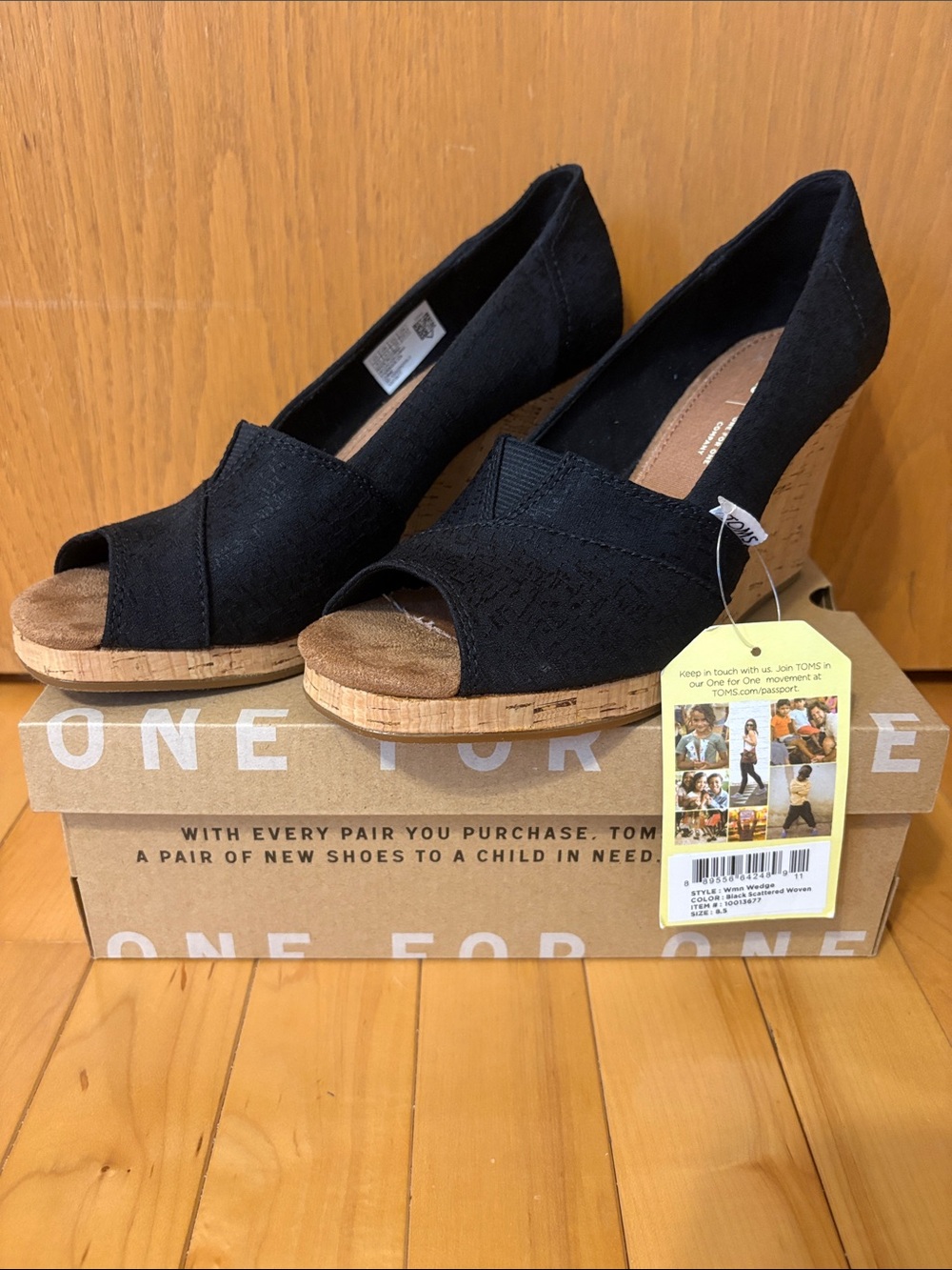 NEW Toms Black Scattered Woven Cork Wedge Peep-Toe Heels
